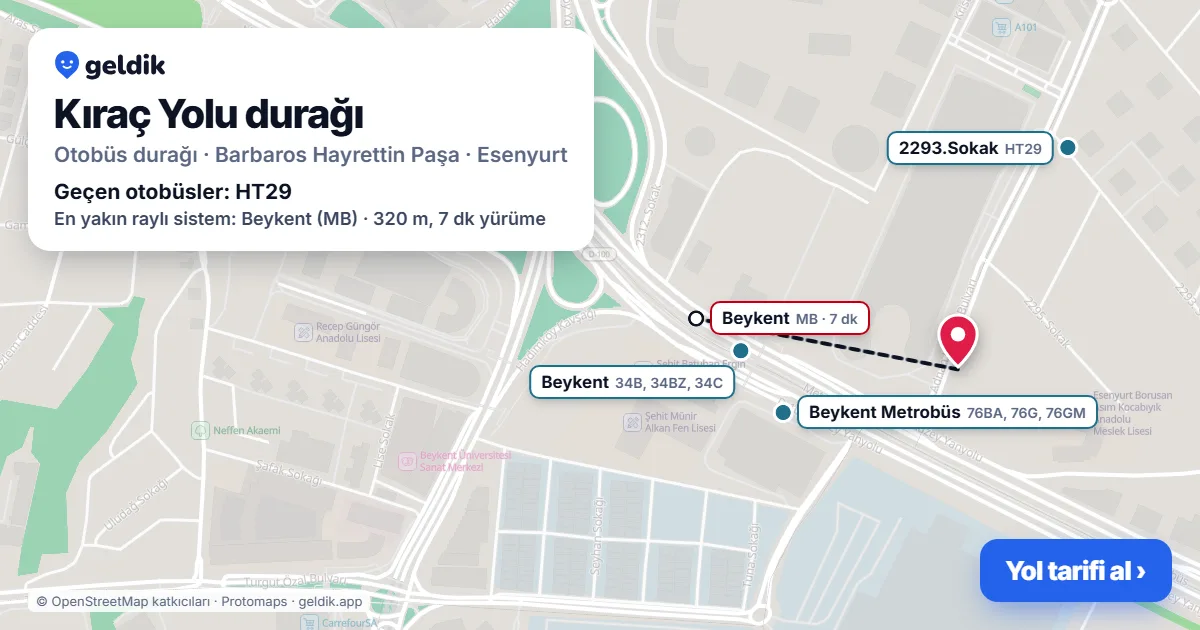 Kıraç Yolu otobüs durağı haritada: konumu ve yakındaki duraklar