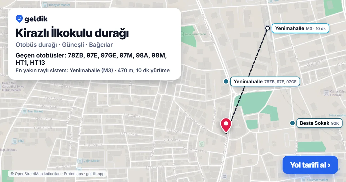 Kirazlı İlkokulu otobüs durağı haritada: konumu ve yakındaki duraklar