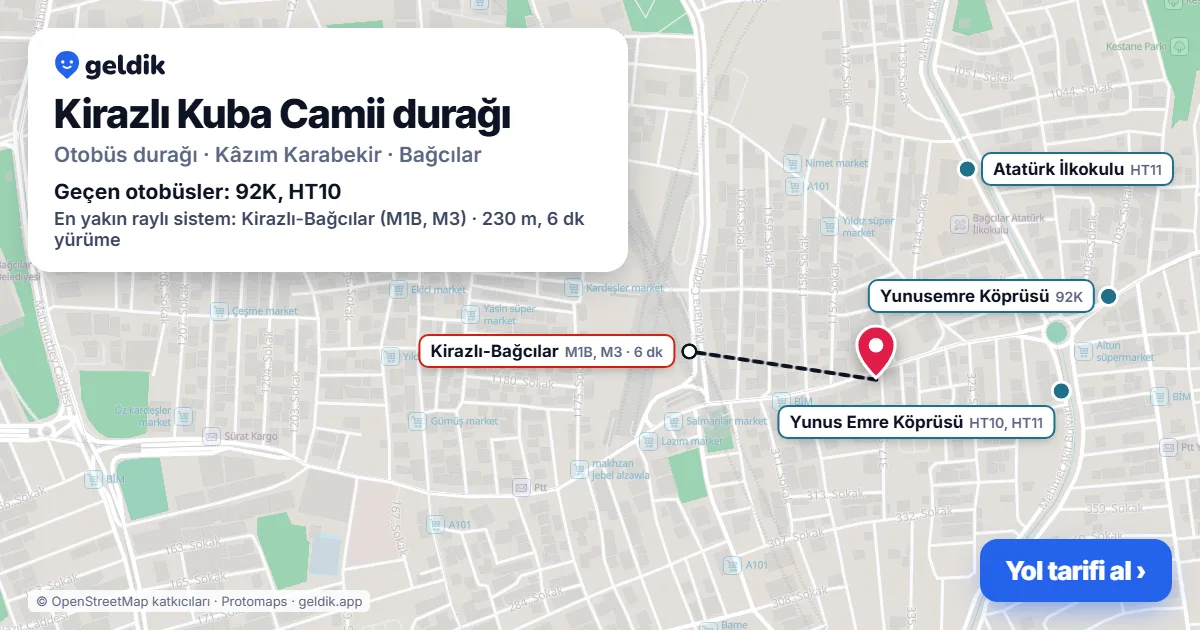 Kirazlı Kuba Camii otobüs durağı haritada: konumu ve yakındaki duraklar