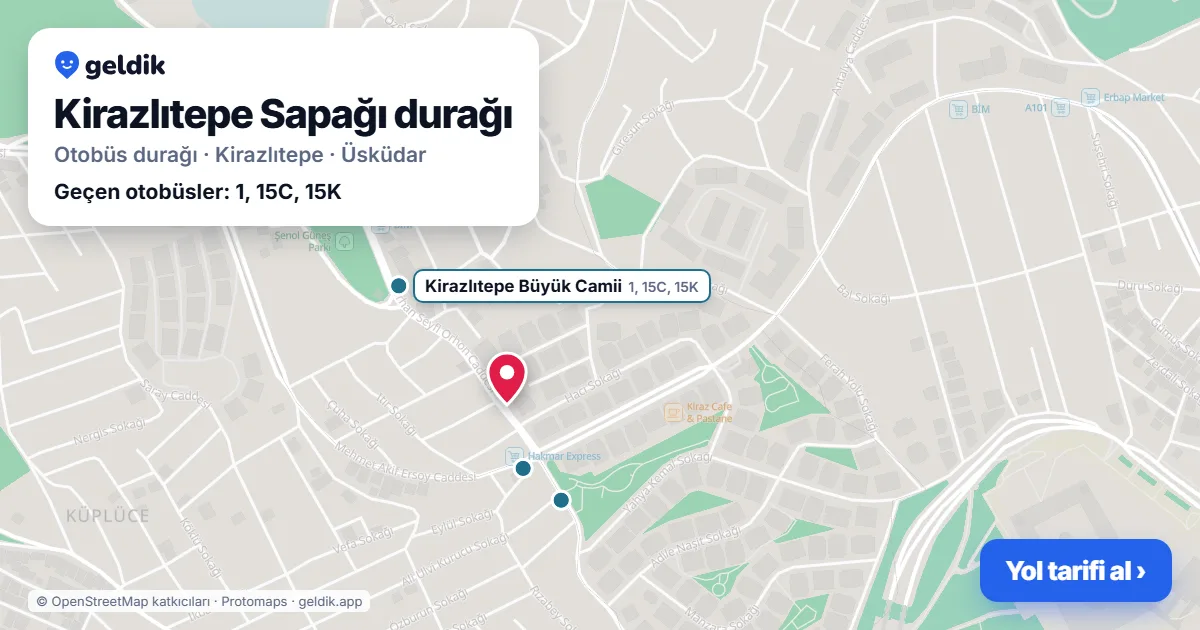 Kirazlıtepe Sapağı otobüs durağı haritada: konumu ve yakındaki duraklar