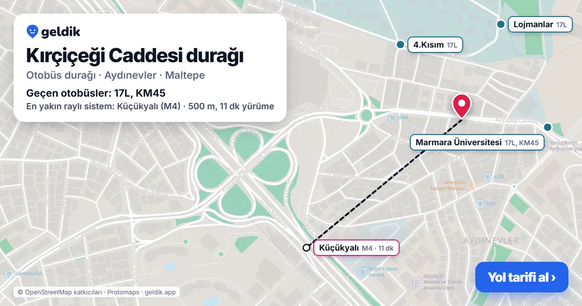 Kırçiçeği Caddesi otobüs durağı haritada: konumu ve yakındaki duraklar