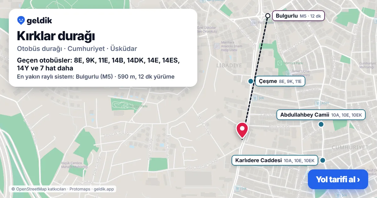 Kırklar otobüs durağı haritada: konumu ve yakındaki duraklar