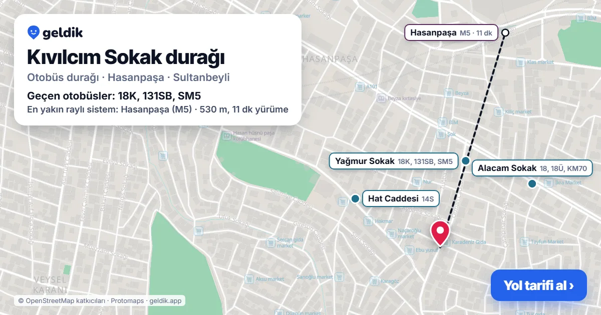 Kıvılcım Sokak otobüs durağı haritada: konumu ve yakındaki duraklar