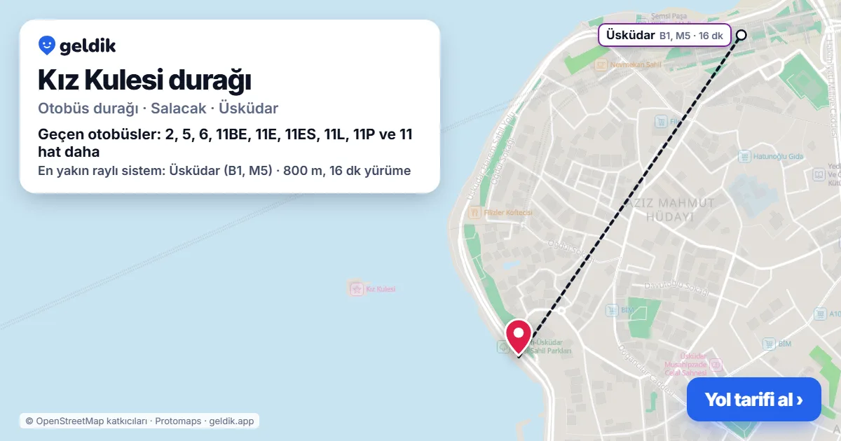 Kız Kulesi otobüs durağı haritada: konumu ve yakındaki duraklar
