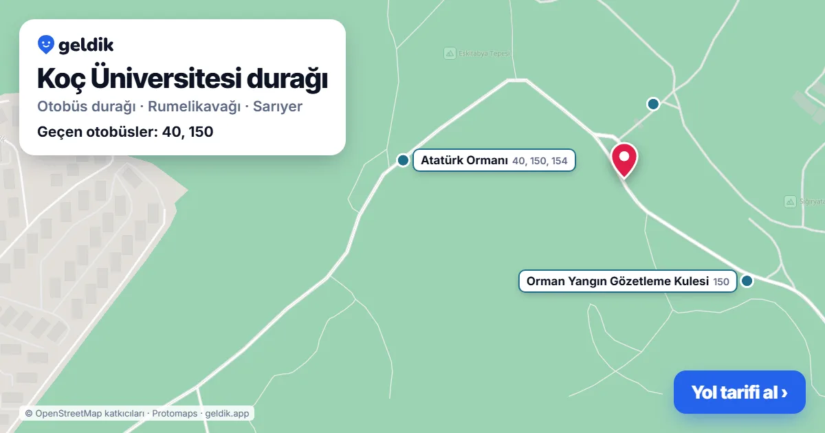 Koç Üniversitesi otobüs durağı haritada: konumu ve yakındaki duraklar