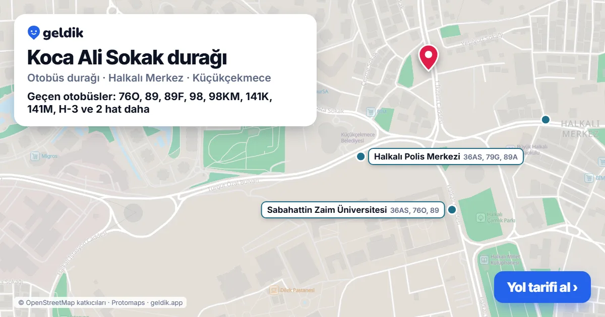 Koca Ali Sokak otobüs durağı haritada: konumu ve yakındaki duraklar