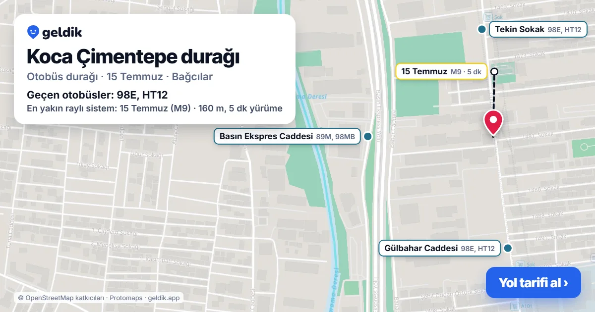 Koca Çimentepe otobüs durağı haritada: konumu ve yakındaki duraklar