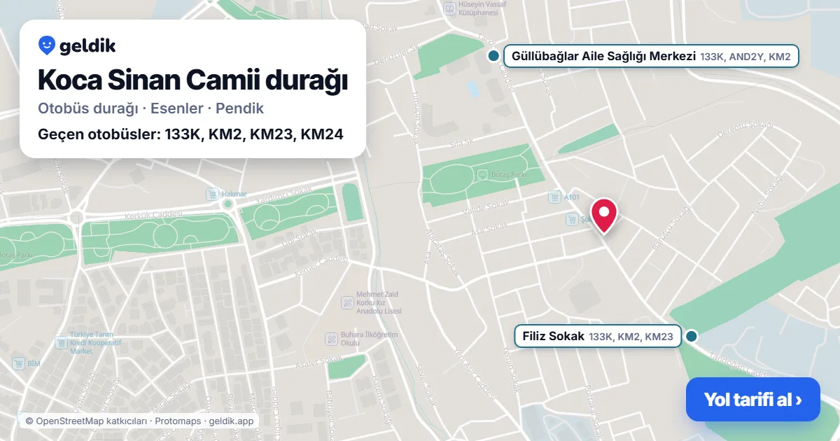 Koca Sinan Camii otobüs durağı haritada: konumu ve yakındaki duraklar