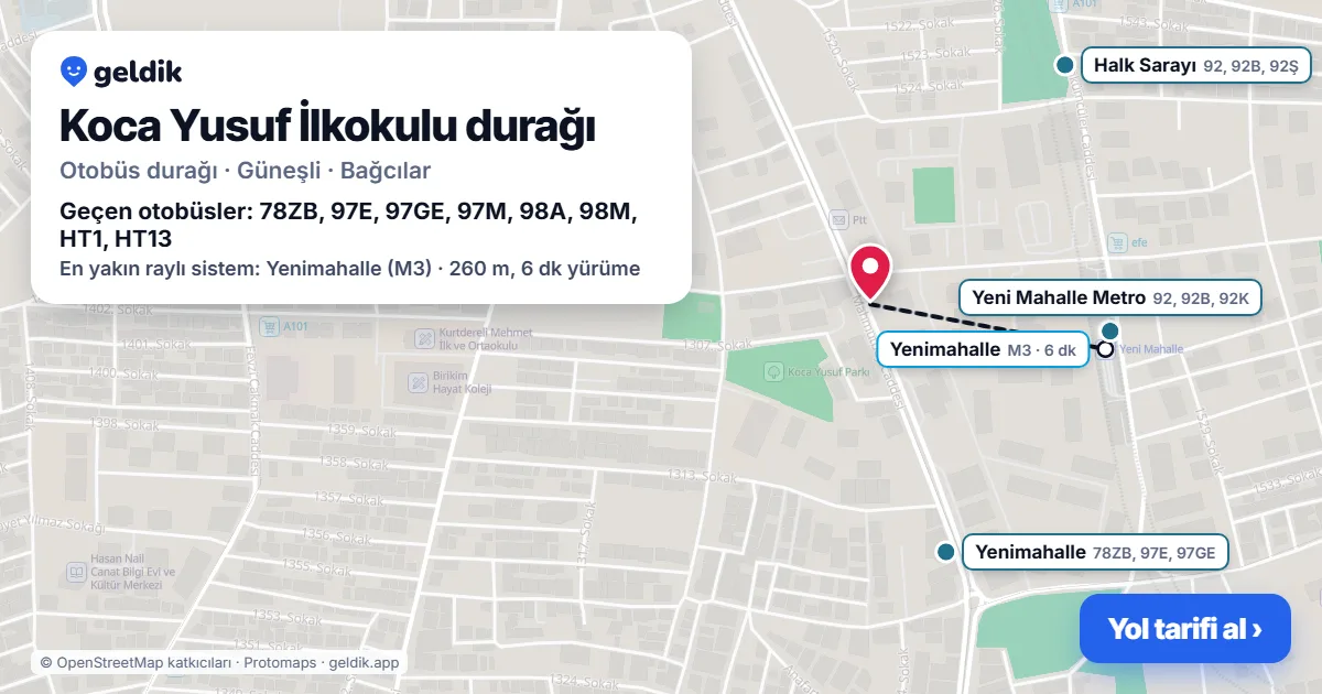 Koca Yusuf İlkokulu otobüs durağı haritada: konumu ve yakındaki duraklar