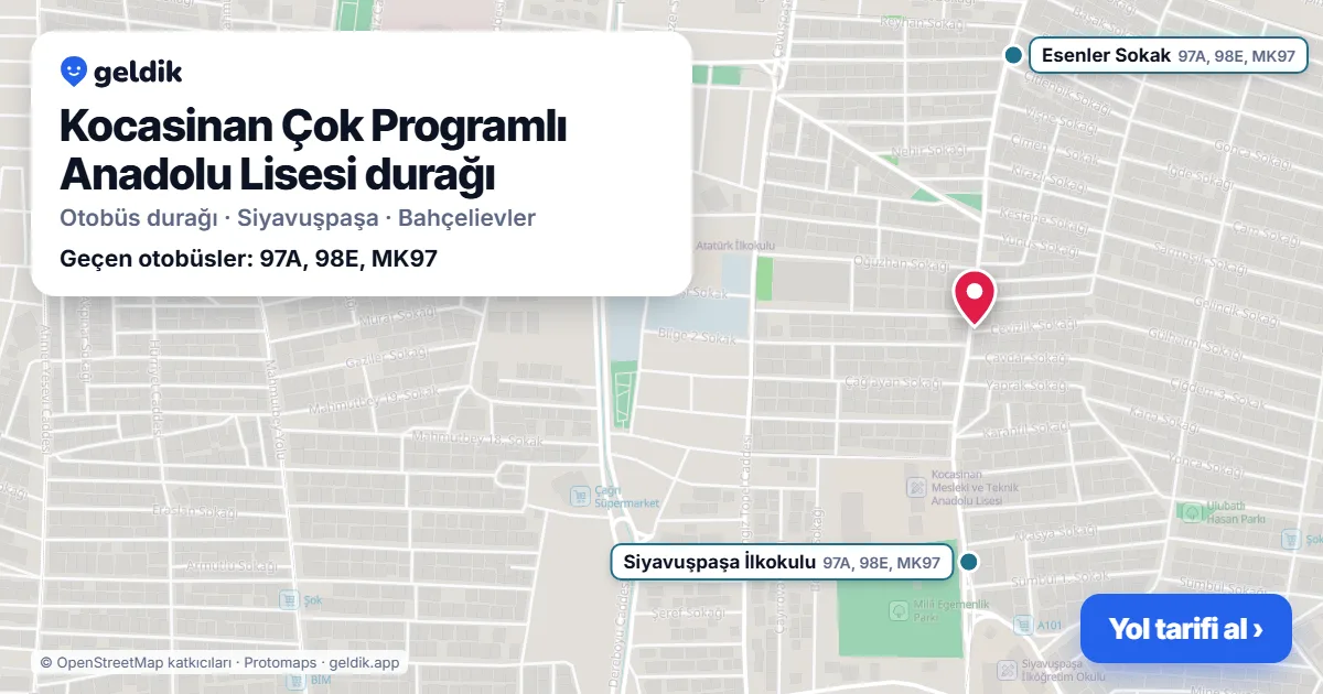 Kocasinan Çok Programlı Anadolu Lisesi otobüs durağı haritada: konumu ve yakındaki duraklar