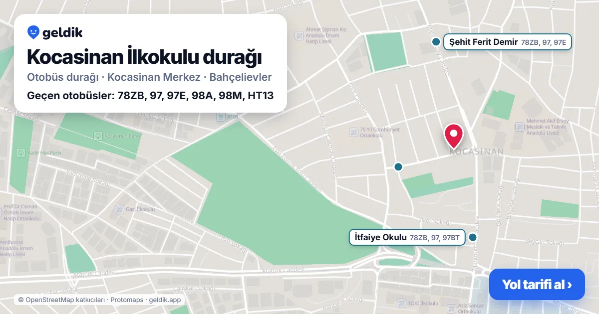 Kocasinan İlkokulu otobüs durağı haritada: konumu ve yakındaki duraklar