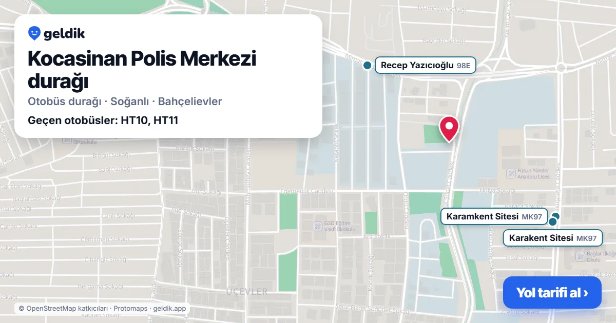 Kocasinan Polis Merkezi otobüs durağı haritada: konumu ve yakındaki duraklar