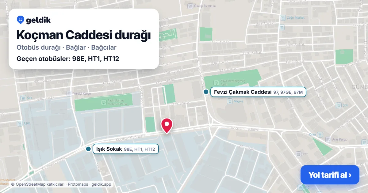Koçman Caddesi otobüs durağı haritada: konumu ve yakındaki duraklar