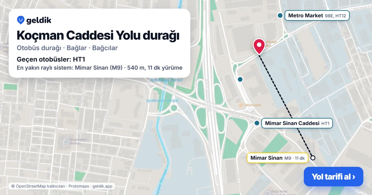 Koçman Caddesi Yolu otobüs durağı haritada: konumu ve yakındaki duraklar