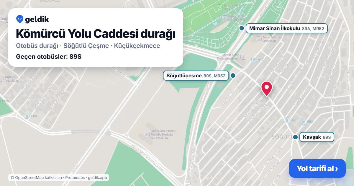 Kömürcü Yolu Caddesi otobüs durağı haritada: konumu ve yakındaki duraklar