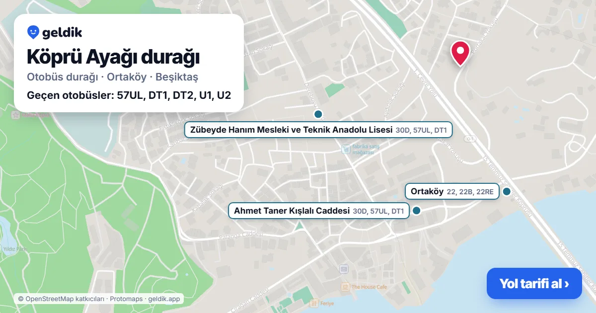 Köprü Ayağı otobüs durağı haritada: konumu ve yakındaki duraklar