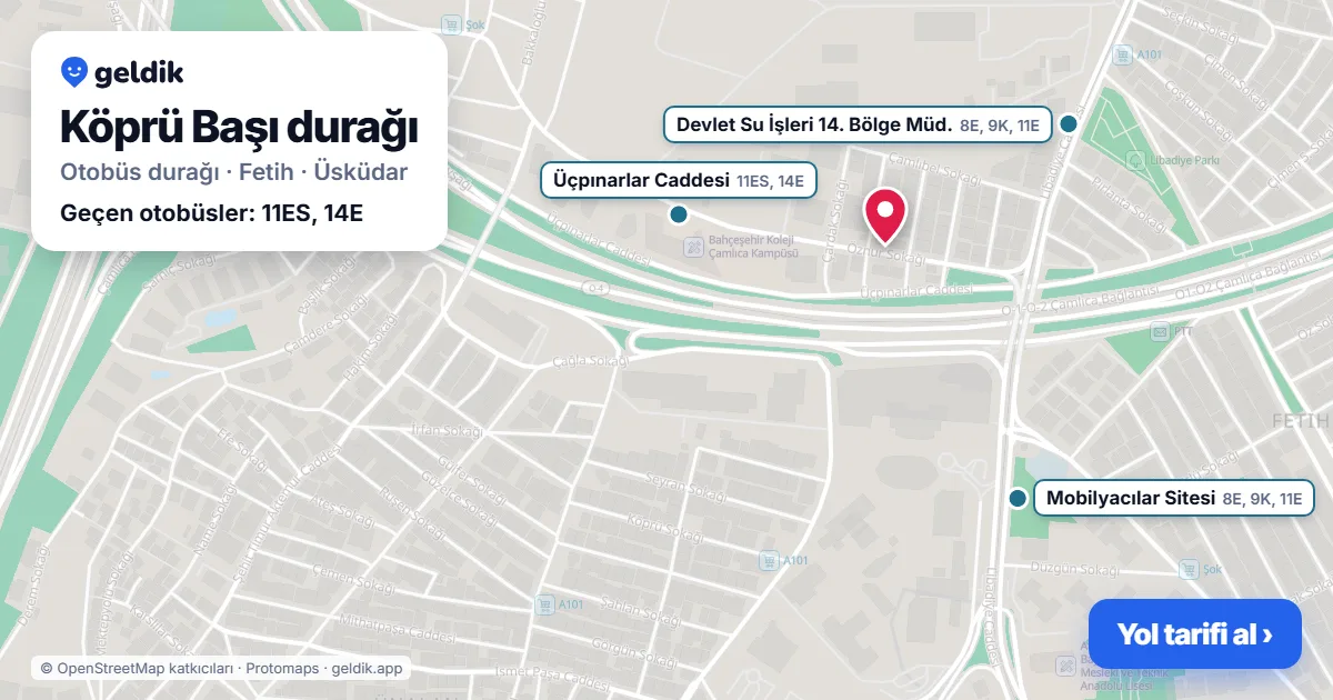 Köprü Başı otobüs durağı haritada: konumu ve yakındaki duraklar