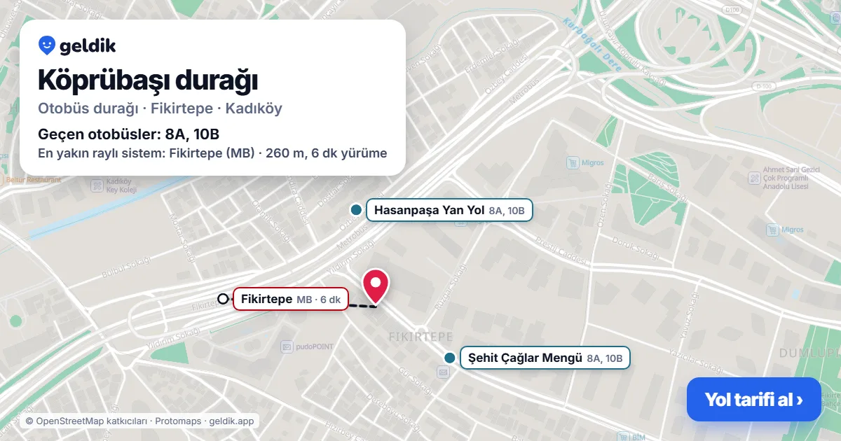 Köprübaşı otobüs durağı haritada: konumu ve yakındaki duraklar