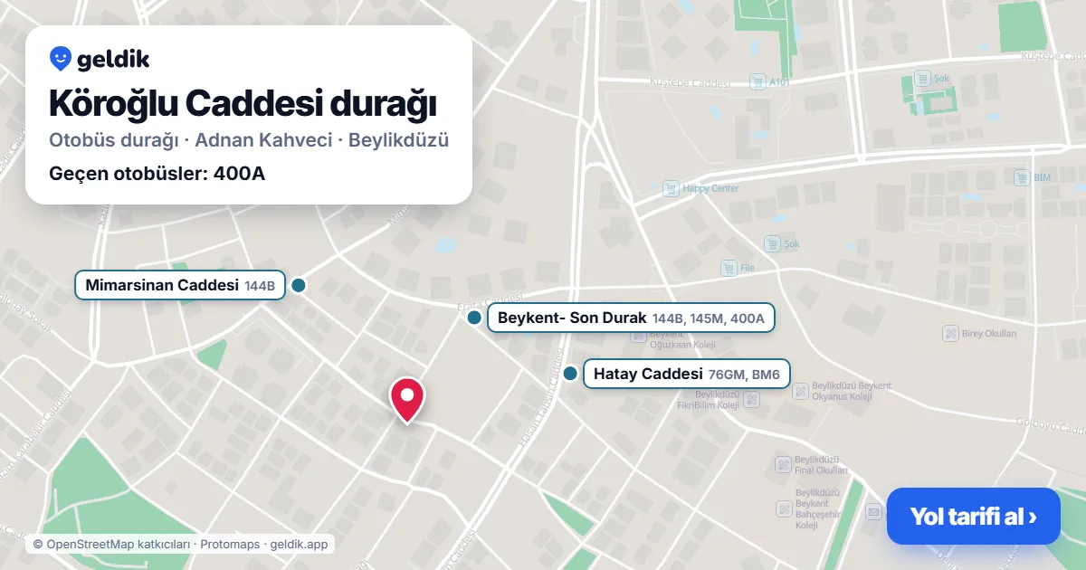 Köroğlu Caddesi otobüs durağı haritada: konumu ve yakındaki duraklar