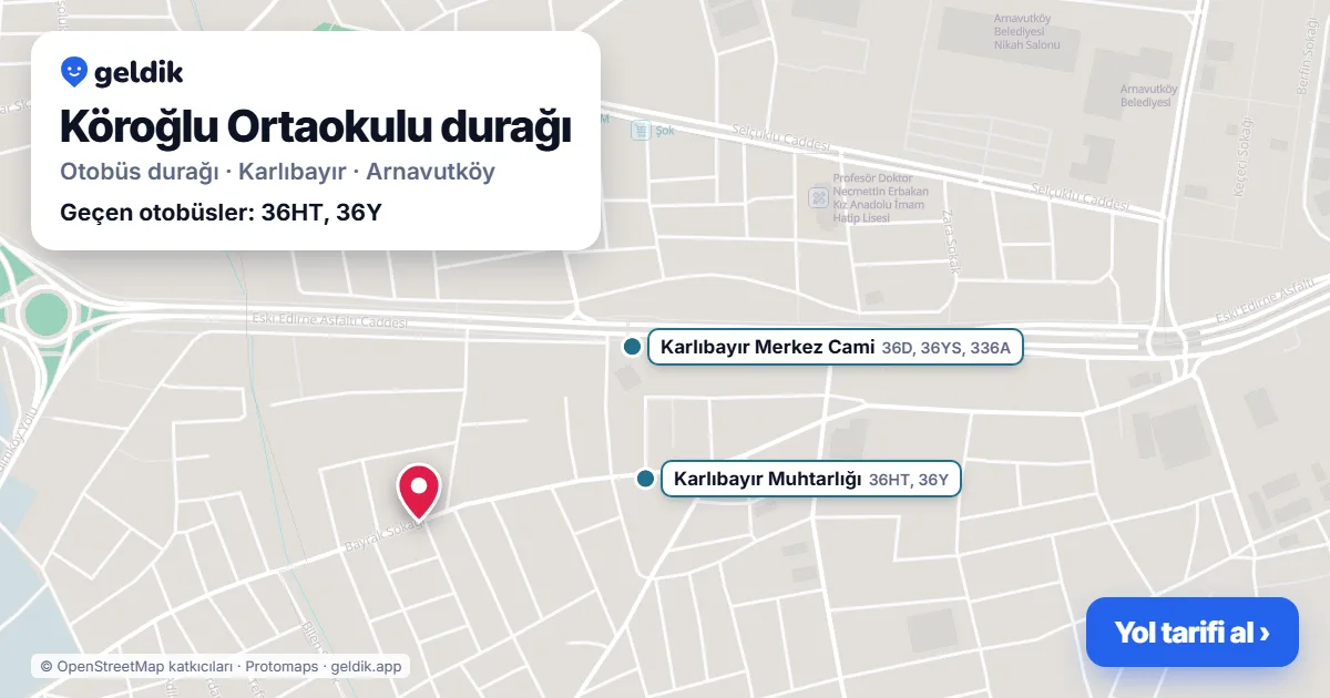 Köroğlu Ortaokulu otobüs durağı haritada: konumu ve yakındaki duraklar