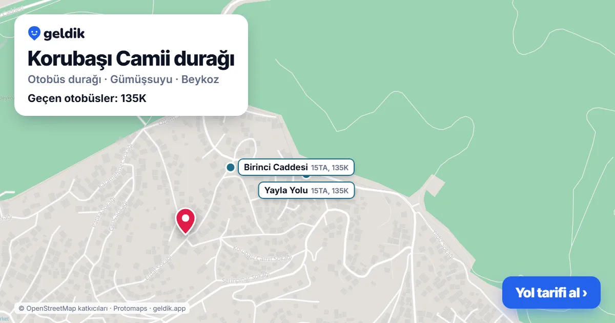 Korubaşı Camii otobüs durağı haritada: konumu ve yakındaki duraklar