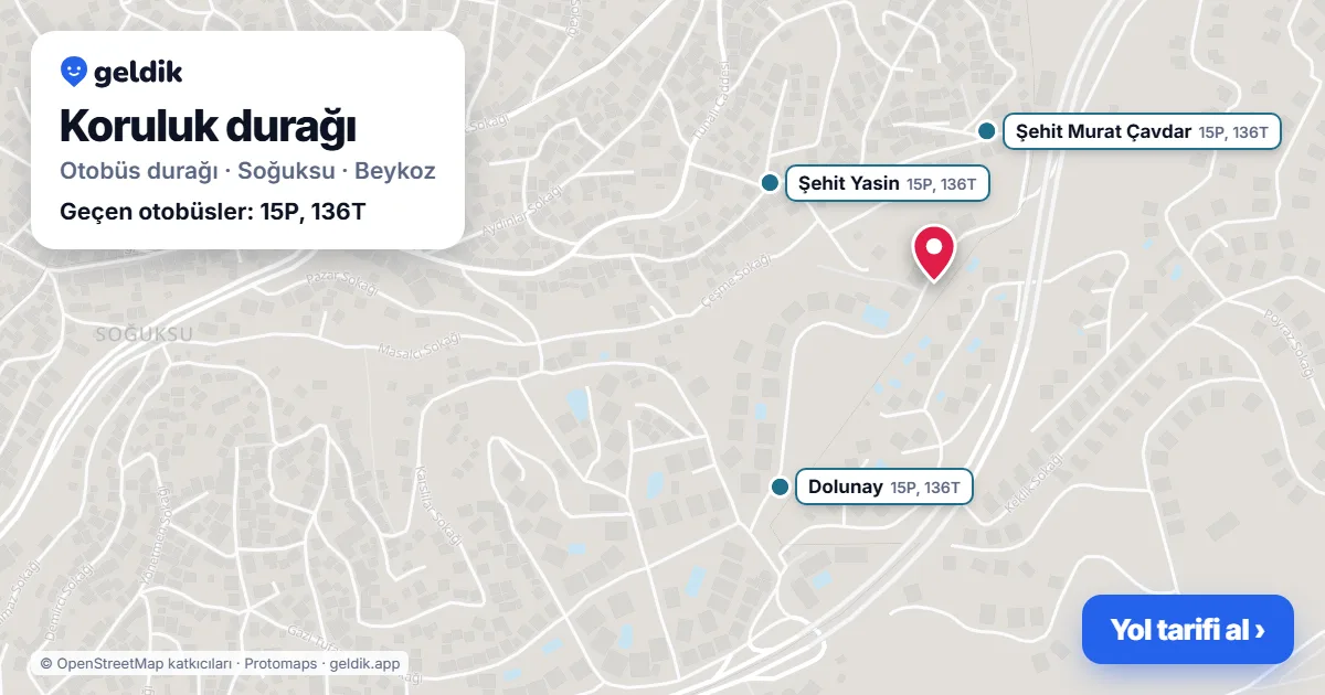Koruluk otobüs durağı haritada: konumu ve yakındaki duraklar