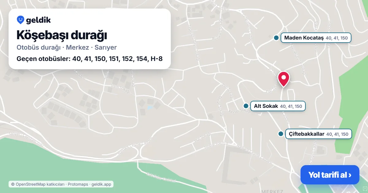 Köşebaşı otobüs durağı haritada: konumu ve yakındaki duraklar