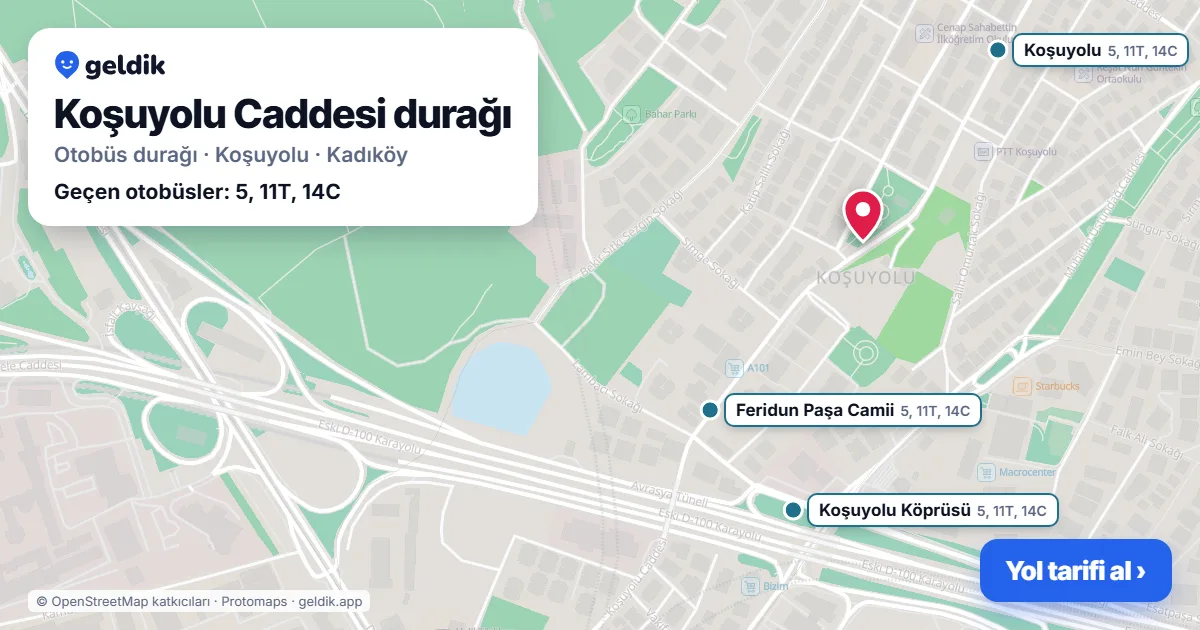Koşuyolu Caddesi otobüs durağı haritada: konumu ve yakındaki duraklar
