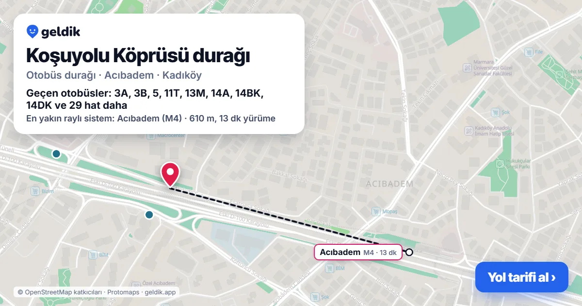 Koşuyolu Köprüsü otobüs durağı haritada: konumu ve yakındaki duraklar