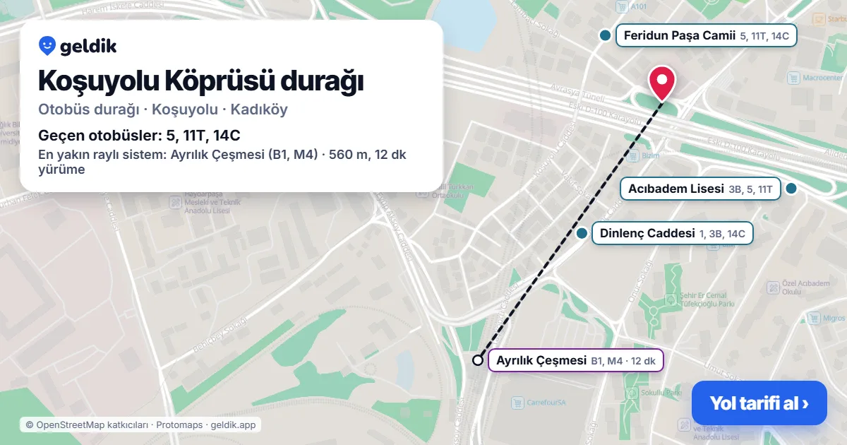 Koşuyolu Köprüsü otobüs durağı haritada: konumu ve yakındaki duraklar
