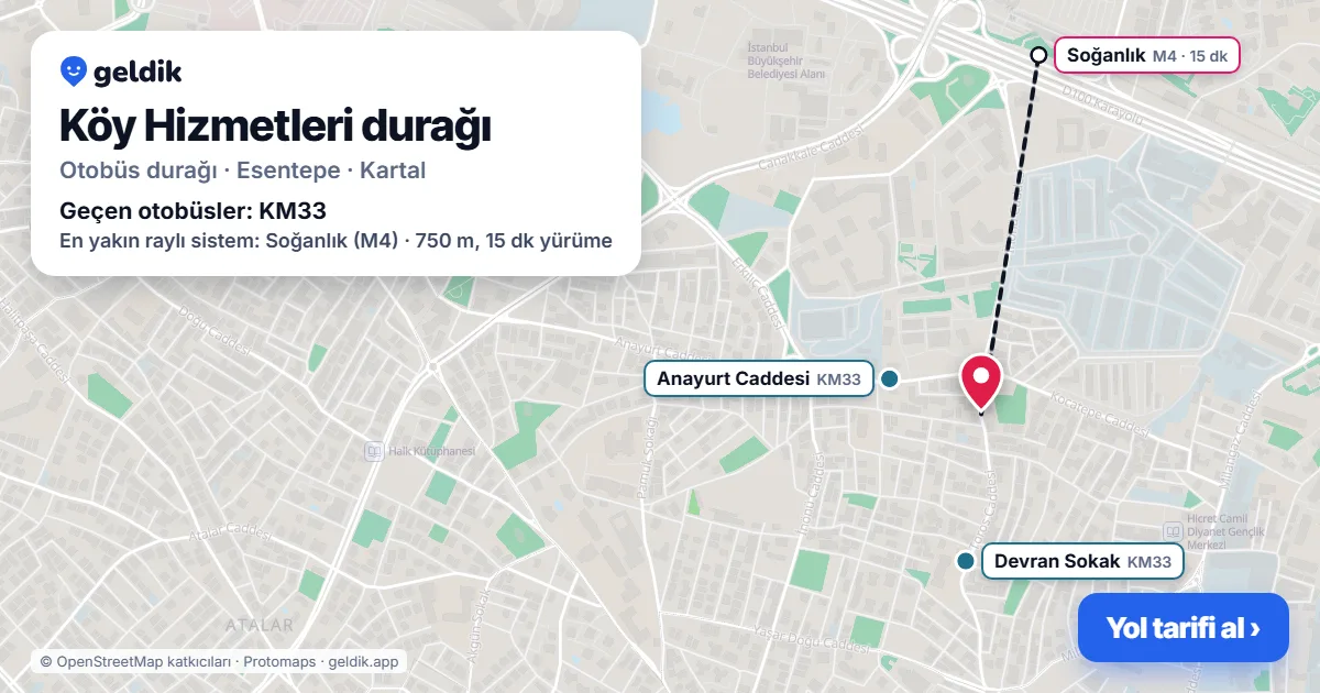 Köy Hizmetleri otobüs durağı haritada: konumu ve yakındaki duraklar