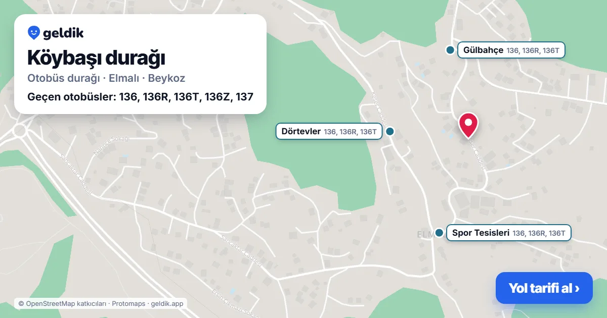 Köybaşı otobüs durağı haritada: konumu ve yakındaki duraklar