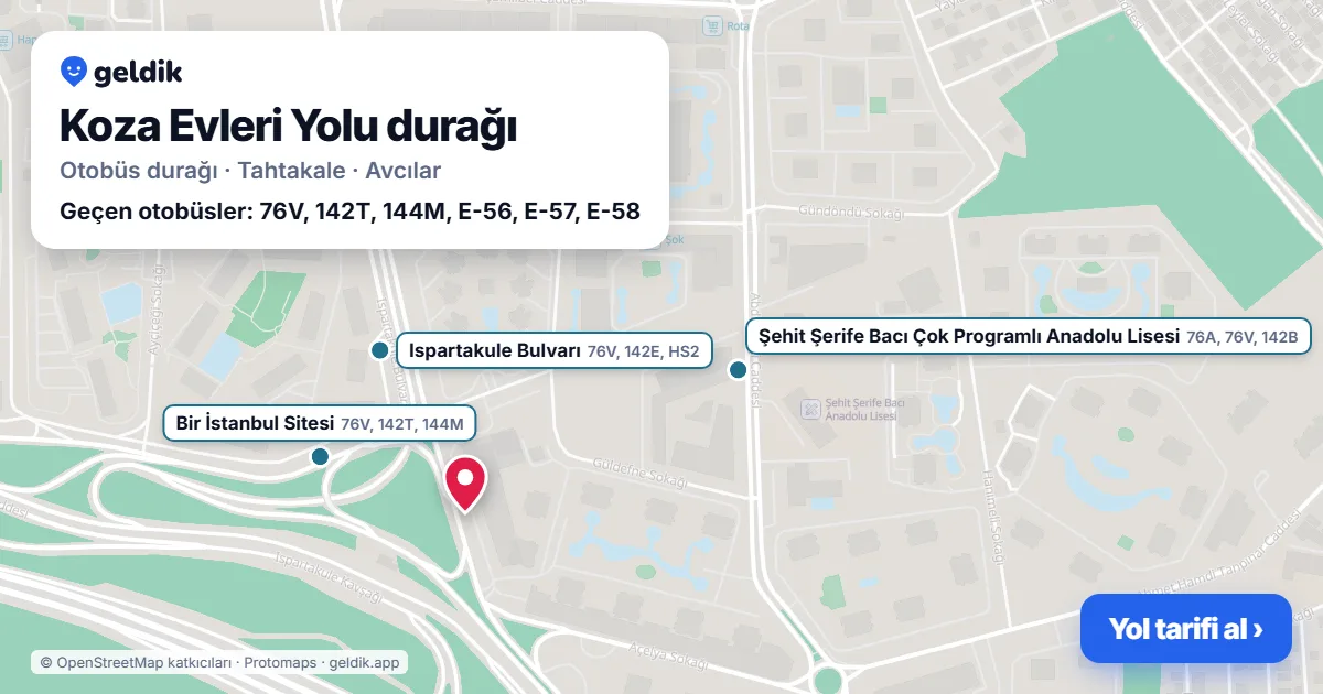 Koza Evleri Yolu otobüs durağı haritada: konumu ve yakındaki duraklar