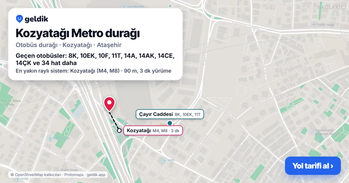 Kozyatağı Metro otobüs durağı haritada: konumu ve yakındaki duraklar