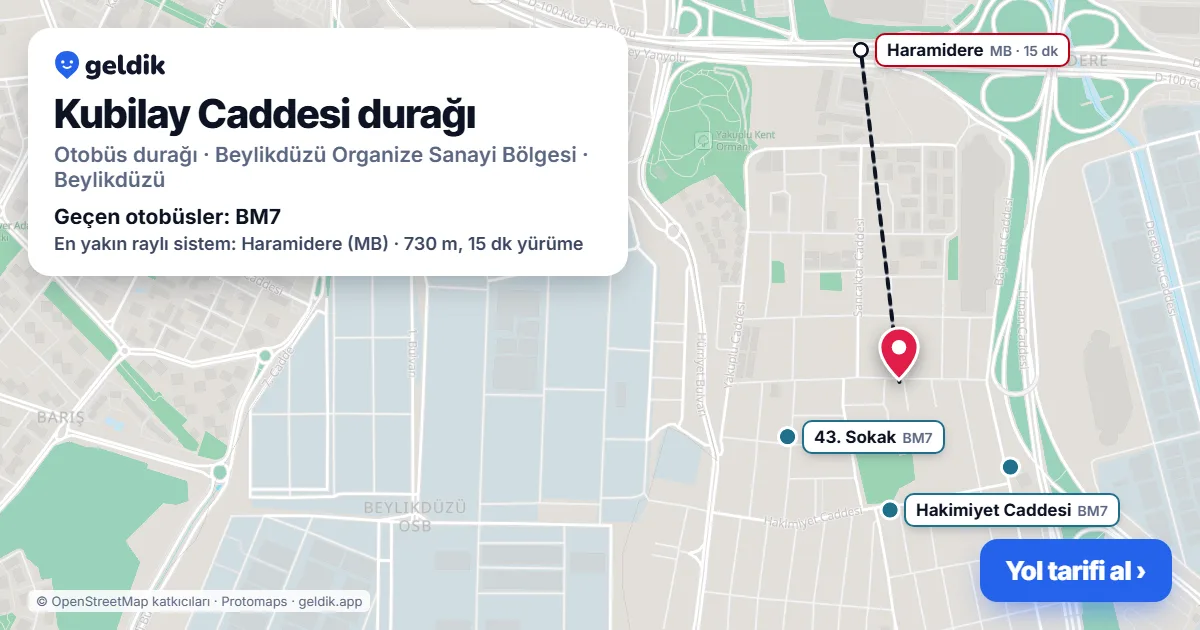 Kubilay Caddesi otobüs durağı haritada: konumu ve yakındaki duraklar