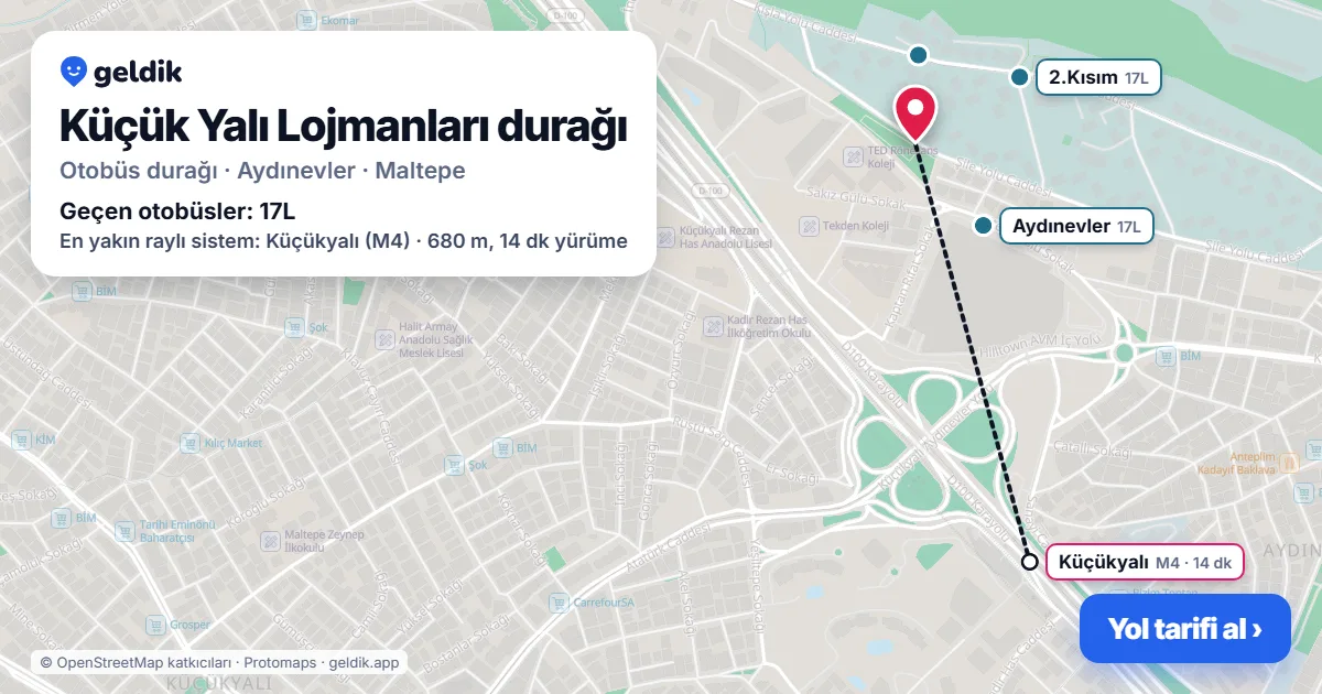 Küçük Yalı Lojmanları otobüs durağı haritada: konumu ve yakındaki duraklar