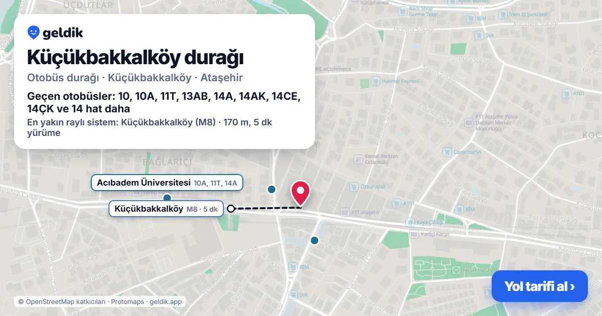 Küçükbakkalköy otobüs durağı haritada: konumu ve yakındaki duraklar