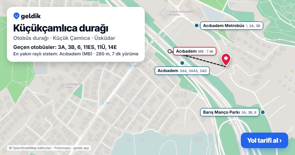 Küçükçamlıca otobüs durağı haritada: konumu ve yakındaki duraklar