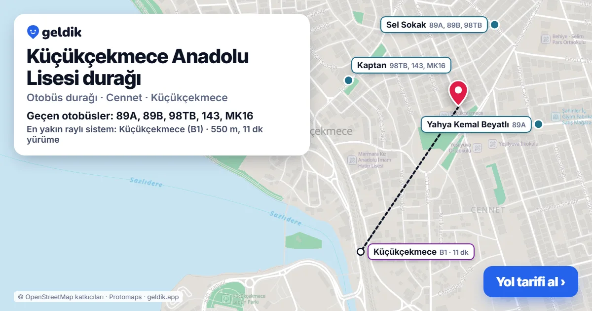 Küçükçekmece Anadolu Lisesi otobüs durağı haritada: konumu ve yakındaki duraklar