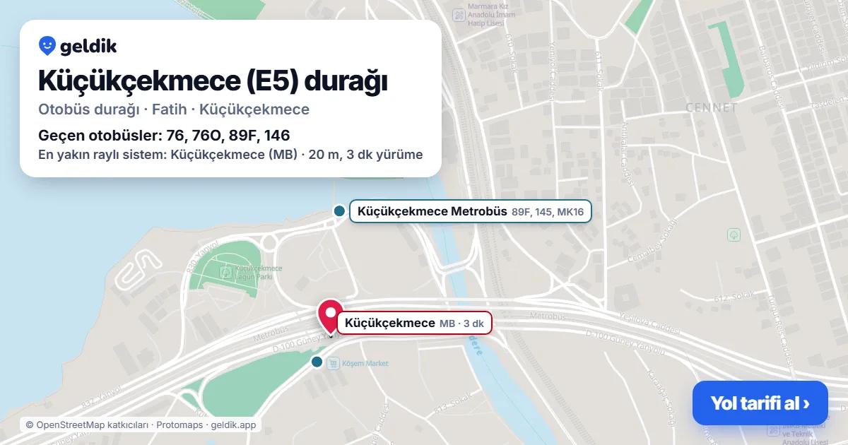 Küçükçekmece (E5) otobüs durağı haritada: konumu ve yakındaki duraklar