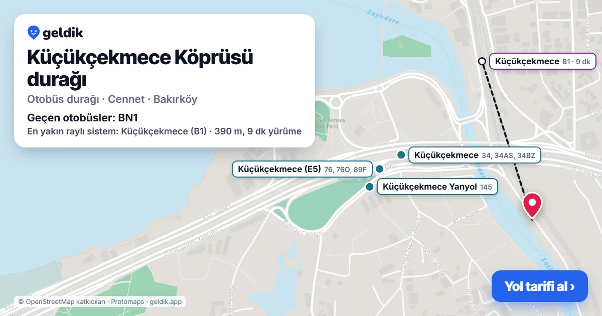 Küçükçekmece Köprüsü otobüs durağı haritada: konumu ve yakındaki duraklar