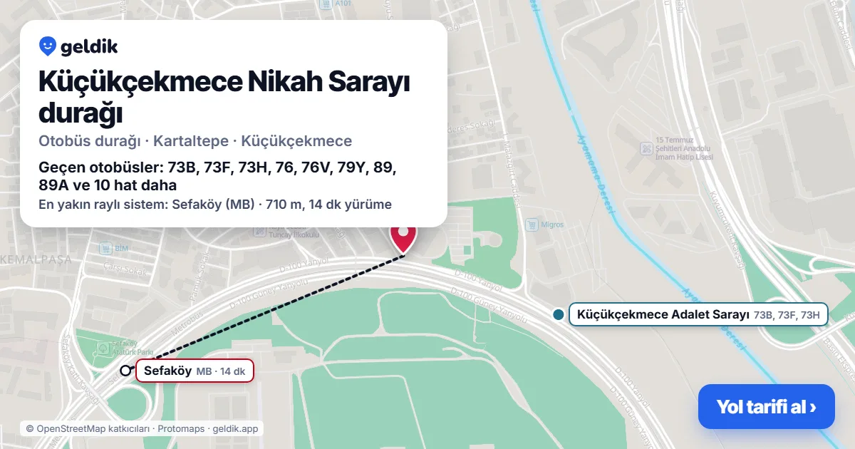 Küçükçekmece Nikah Sarayı otobüs durağı haritada: konumu ve yakındaki duraklar