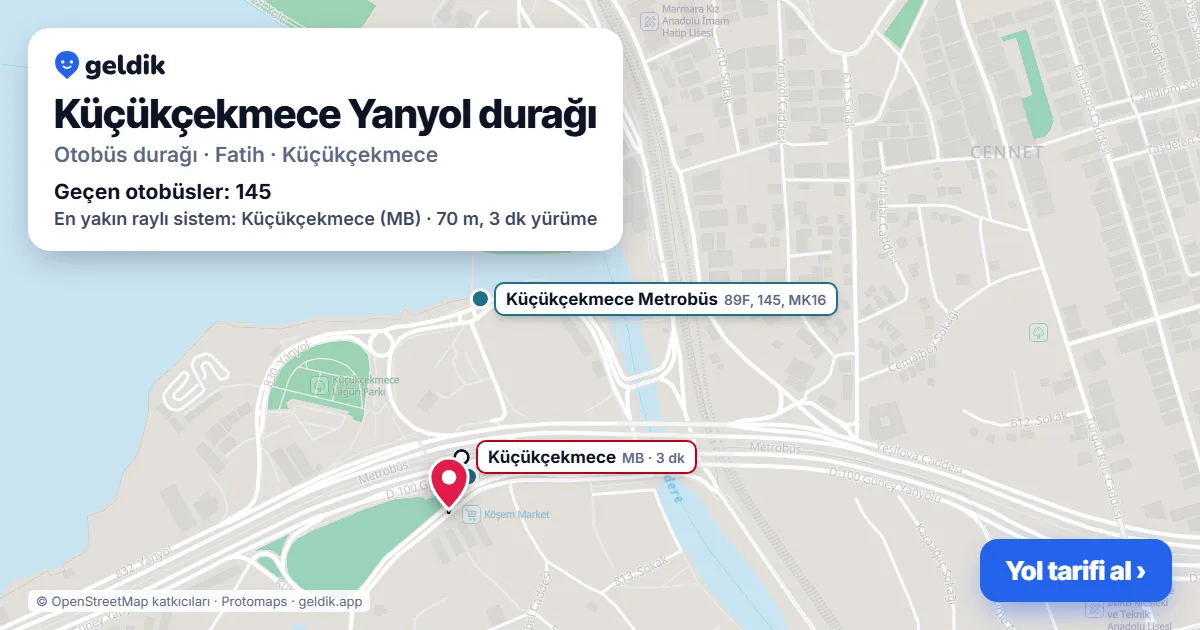 Küçükçekmece Yanyol otobüs durağı haritada: konumu ve yakındaki duraklar