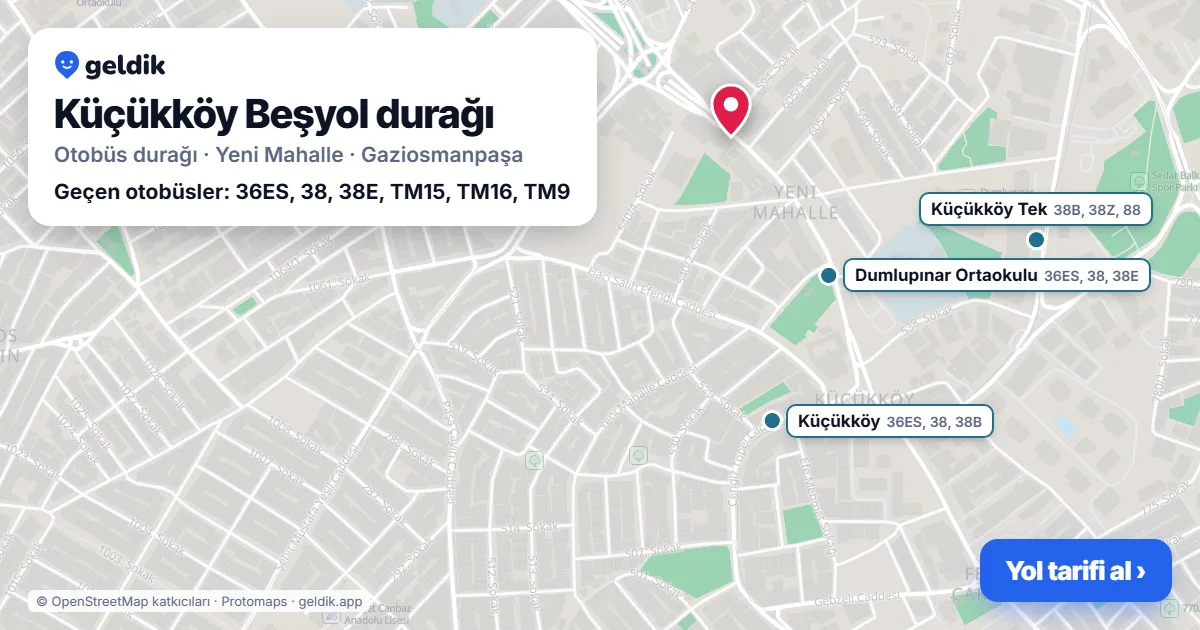 Küçükköy Beşyol otobüs durağı haritada: konumu ve yakındaki duraklar