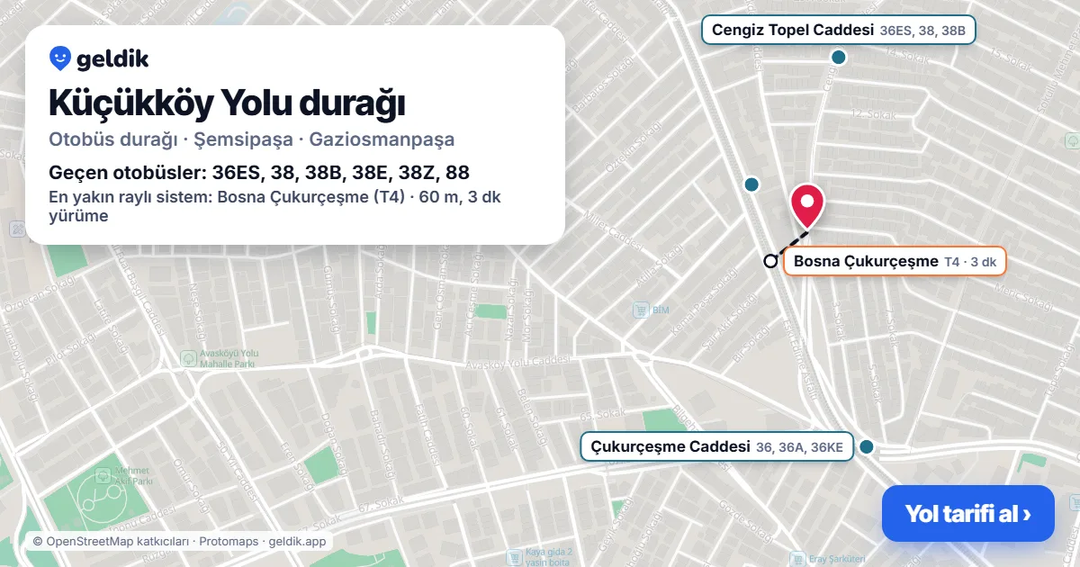 Küçükköy Yolu otobüs durağı haritada: konumu ve yakındaki duraklar