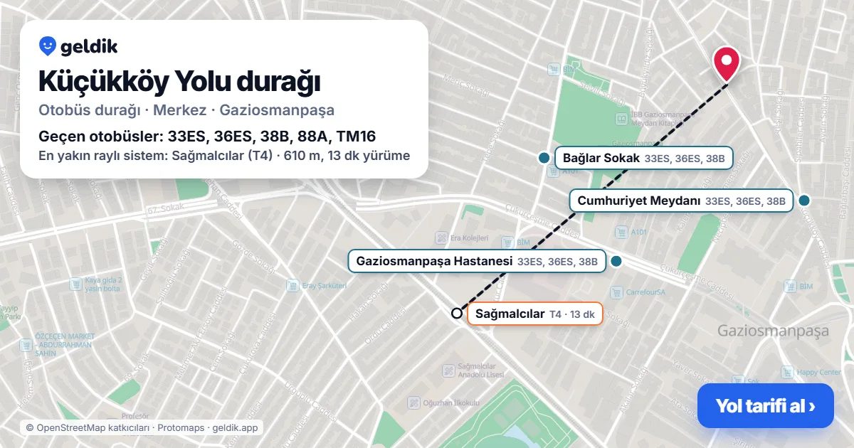 Küçükköy Yolu otobüs durağı haritada: konumu ve yakındaki duraklar