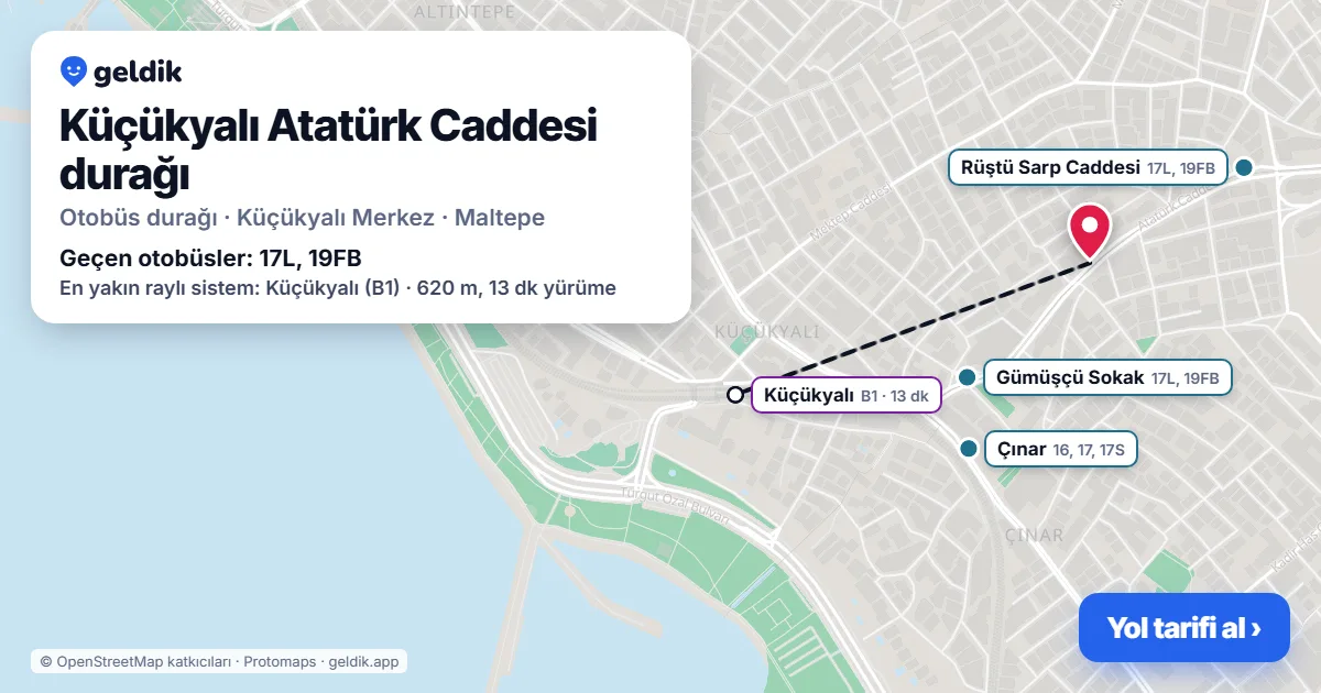 Küçükyalı Atatürk Caddesi otobüs durağı haritada: konumu ve yakındaki duraklar