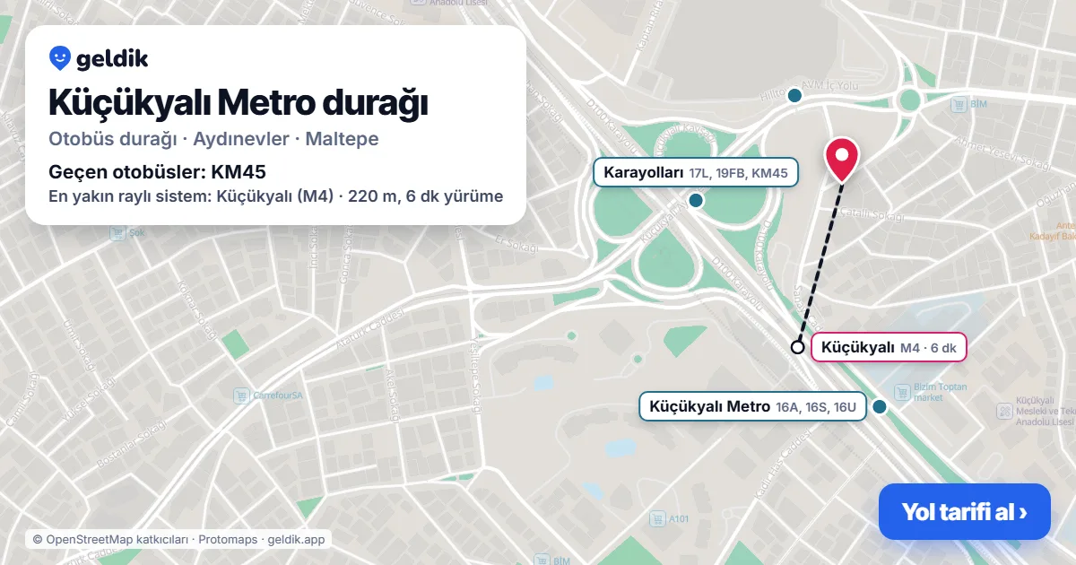 Küçükyalı Metro otobüs durağı haritada: konumu ve yakındaki duraklar