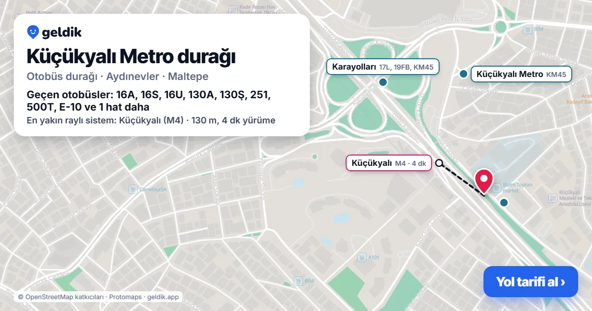 Küçükyalı Metro otobüs durağı haritada: konumu ve yakındaki duraklar