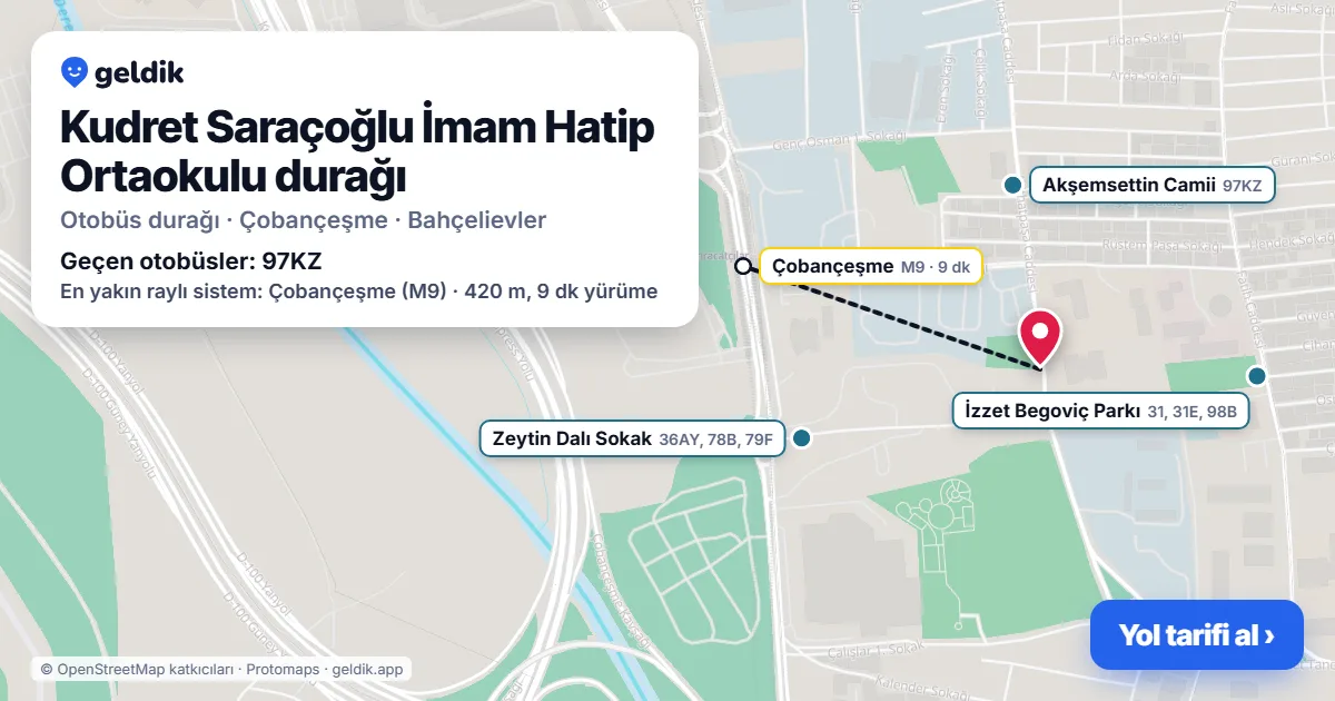 Kudret Saraçoğlu İmam Hatip Ortaokulu otobüs durağı haritada: konumu ve yakındaki duraklar